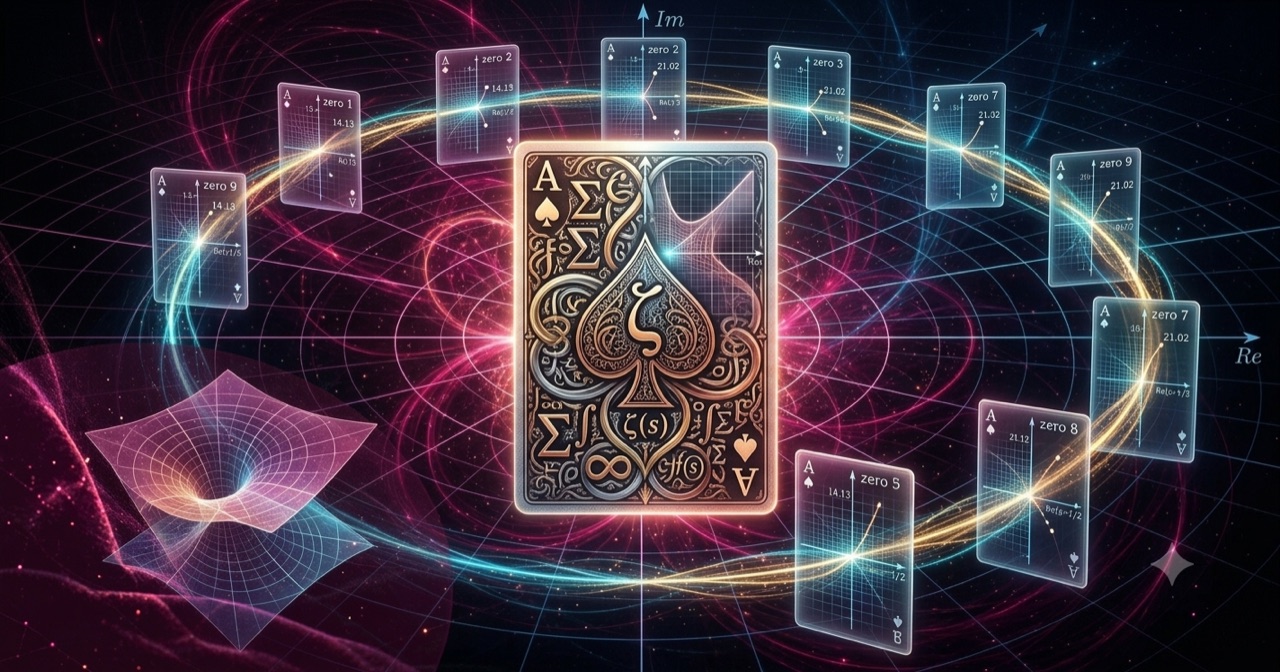Illustration: an ornate ace of spades encircled by orbiting playing cards in a neon, mathematical cosmos